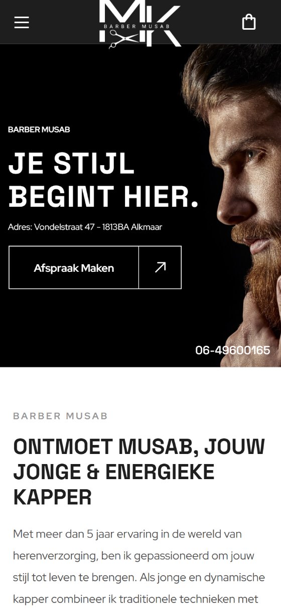 De site van Barber Musab op een telefoon